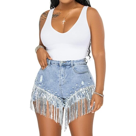 Pants - Women Denim Shorts Rhinestone Pearl Beaded Fringe High Waisted Summer Casual